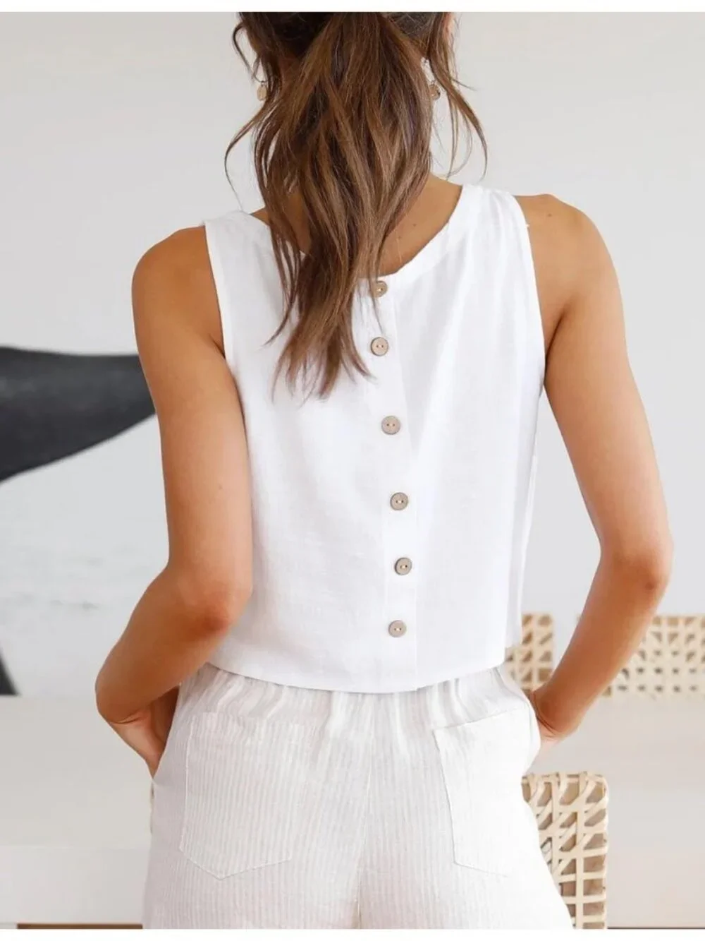 Women's White Boat Neck Spring Summer Beach Sleeveless Linen Crop Tank Tops - Picture 4 of 4